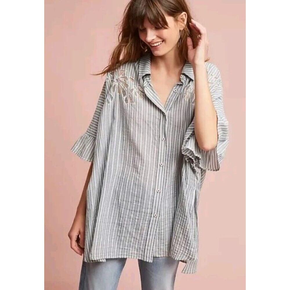 Maeve Betty Oversized Buttondown Shirt XS Small Gray Striped Anthropologie